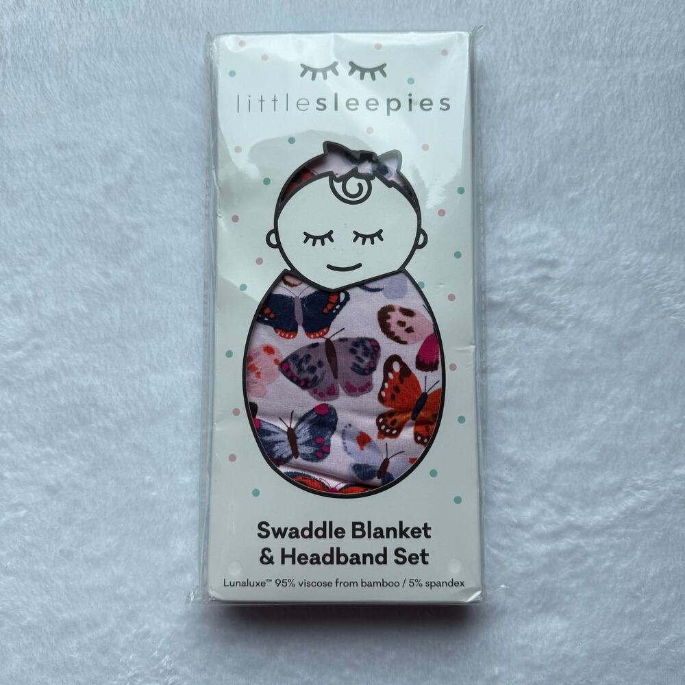NEW Little Sleepies Butterfly Kisses Swaddle Blanket and Headband Set